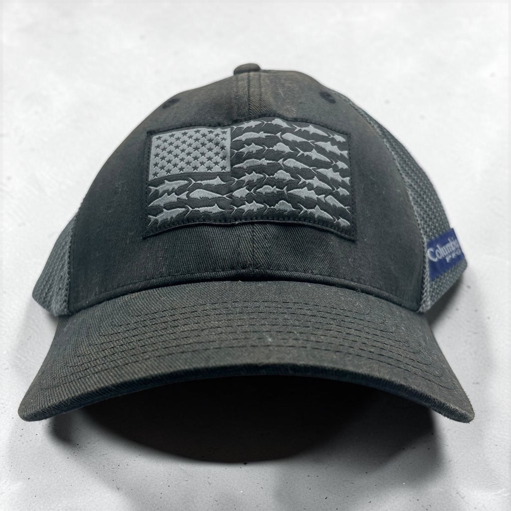 Trucker Hat Columbia PFG L/XL Black Cotton Blend Fish American Flag Patch Cap